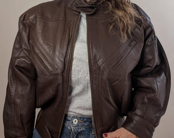 80's Vintage Leather Brown Bomber Jacket