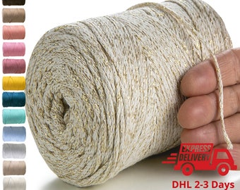 MeriWoolArt Hilo de Macramé 2mm - 225m Lurex de Algodón de Macramé Brillante - Hilo de Macramé - Oeko-Tex 100% Algodón Reciclado - Para Manualidades de Macramé DIY