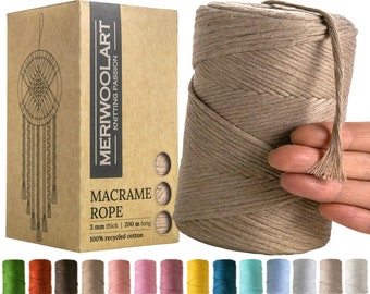 MeriWoolArt cordoncino per macramè 3 mm 200 m - Filato per macramè - Corda per macramè a torsione singola - Oeko-Tex 100% cotone riciclato - Per lavori di macramè fai da te