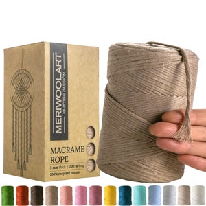 MeriWoolArt Macrame Cord 3mm 200m - Macrame Yarn - Single Twist Macrame String - Oeko-Tex 100% Recycled Cotton - For DIY Macrame Crafts