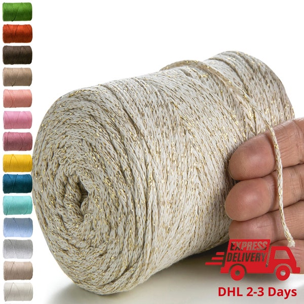 MeriWoolArt Yarn - Shiny Macramé Cotton Lurex 4mm - Macramé Thread 225m - Oeko-Tex 100% Recycled Cotton - For DIY Crafts
