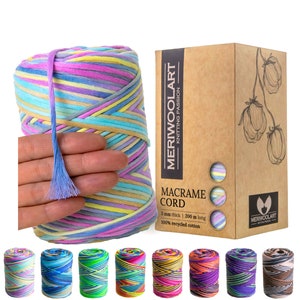 MeriWoolArt Macrame Cord 3mm 200m - Macrame Yarn - Single Twist Macrame String - Oeko-Tex 100% Recycled Cotton - For DIY Macrame Crafts