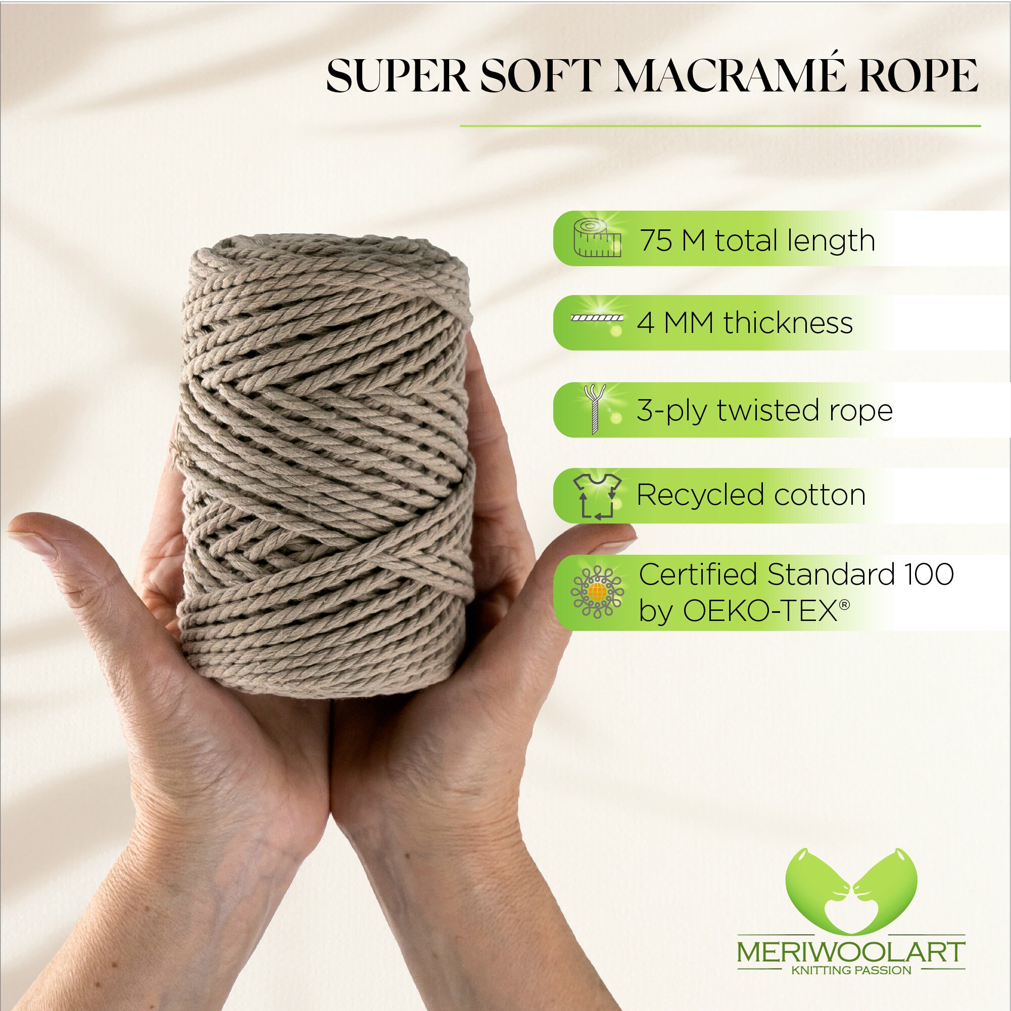 Macrame de cuerda de algodón de 3 cabos de 6 mm - MeriWoolArt