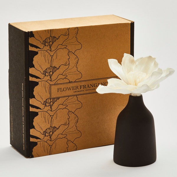 Diffuseur MANA Café | Diffuseur de parfum d'intérieur par capillarité - Vase en céramique et fleur dans coffret cadeau en carton recyclé.