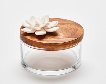 Decoration box, made of wood+ceramic+ transparent glass | Lotus flower on top that can be perfumed with essential oil. ANOQ
