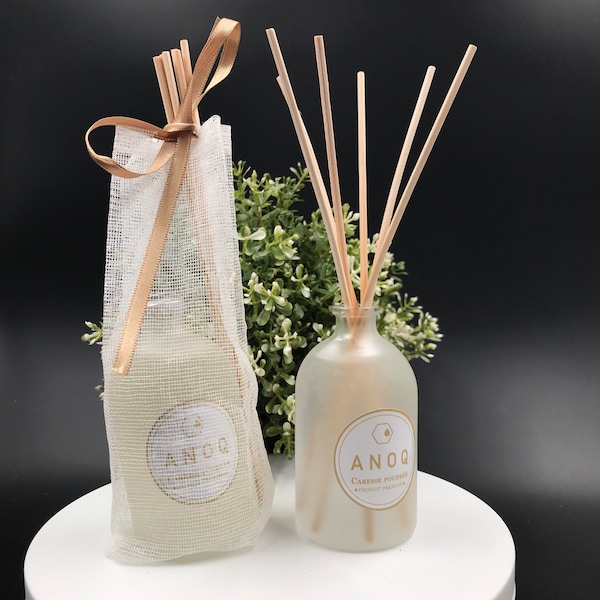 Reed diffuser. Rice powder scent. Glass bottle 100 ml - 2 month diffusion. Home Perfume diffuser. 6 wooden sticks. French perfume BY ANOQ
