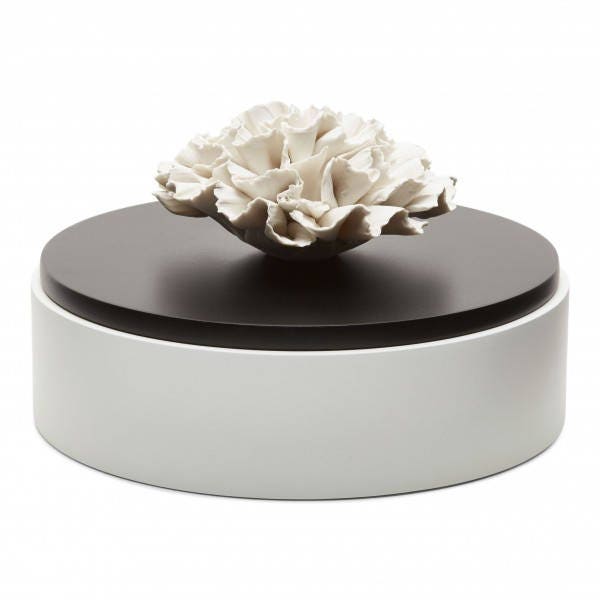 Diffuseur de parfum boîte à bijoux, Coffret cadeau rond en bois, couvercle en bois et fleur porcelaine ANOQ, Diamètre 15cm,Noir et Blanc