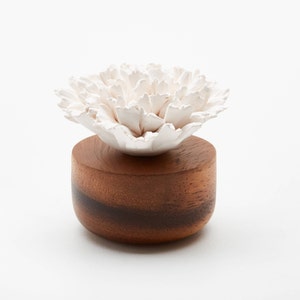 Oil diffuser, porcelain diffuser coral flower, wood acacia base with craft porcelain flower. Organic product. Natural scent diffuser. Aroma.