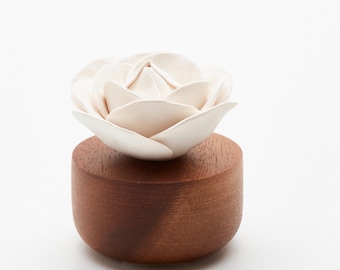 Home Perfume diffuser- White porcelain and natural wood-Rose flower design-Essential oil diffuser - Aromatherapy - Gift From France.