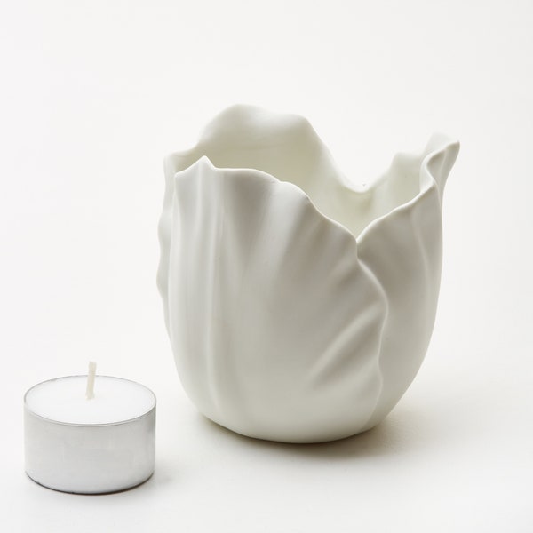 Candle holder, flower shape, White Porcelain, Handmade, diameter 8,5 cm, Height 9 cm,  organic product. BY ANOQ