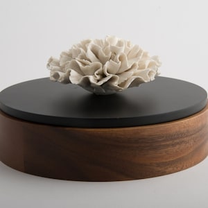 Jewel Box, Acacia Wood, Ceramic flower, round box, diameter 20 cm, Luxe Product,French brand,Natural wood and black lacquered lid. Top Gift