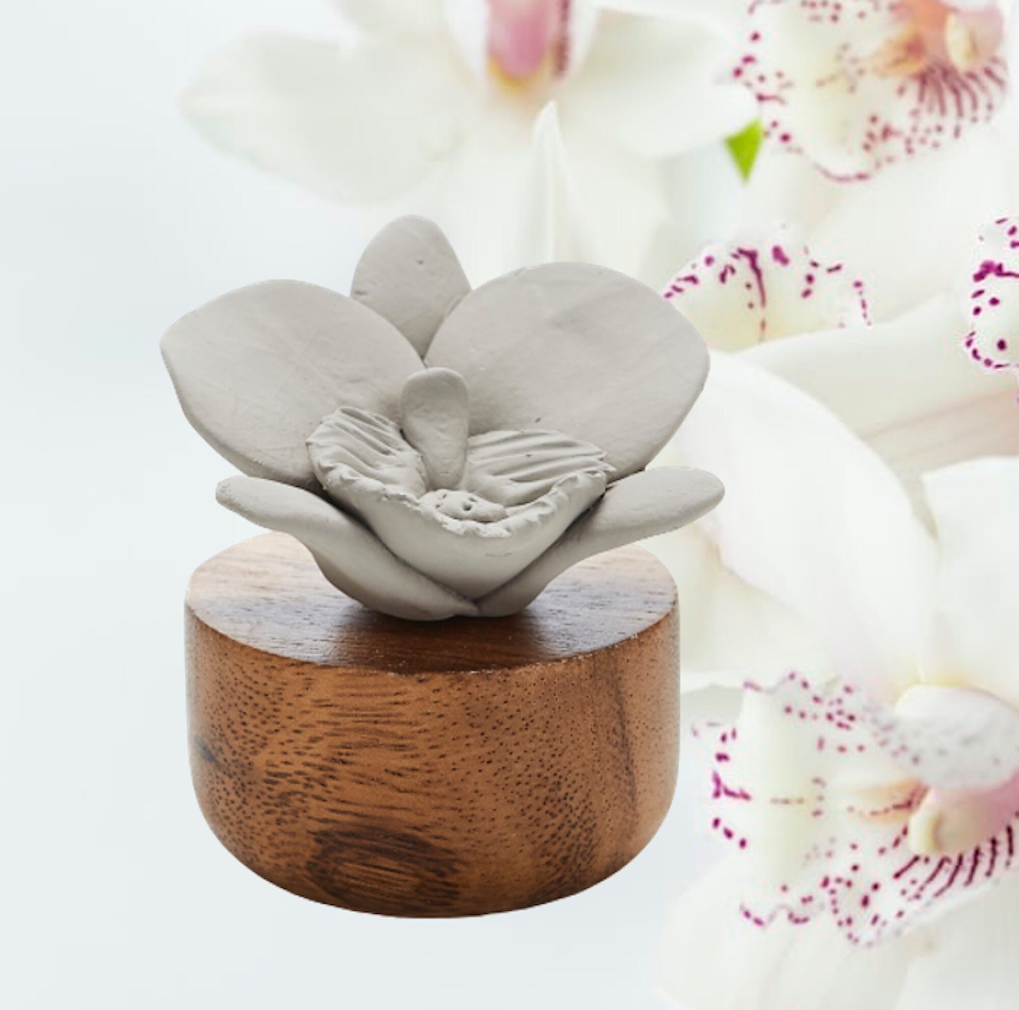 Diffuseur d'huiles Essentielles Naturel, Fleur d'orchidée en Porcelaine Poreuse, Base Bois, Idéal Po