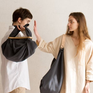 Grey cotton and linen furoshiki. Furoshiki bag with leather and wooden handles. Tote origami bag
