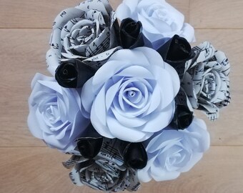 paper roses with musical notes from an old book, wedding bouquet, cottage decoration, table decoration, rustic bouquet, diameter 22 cm