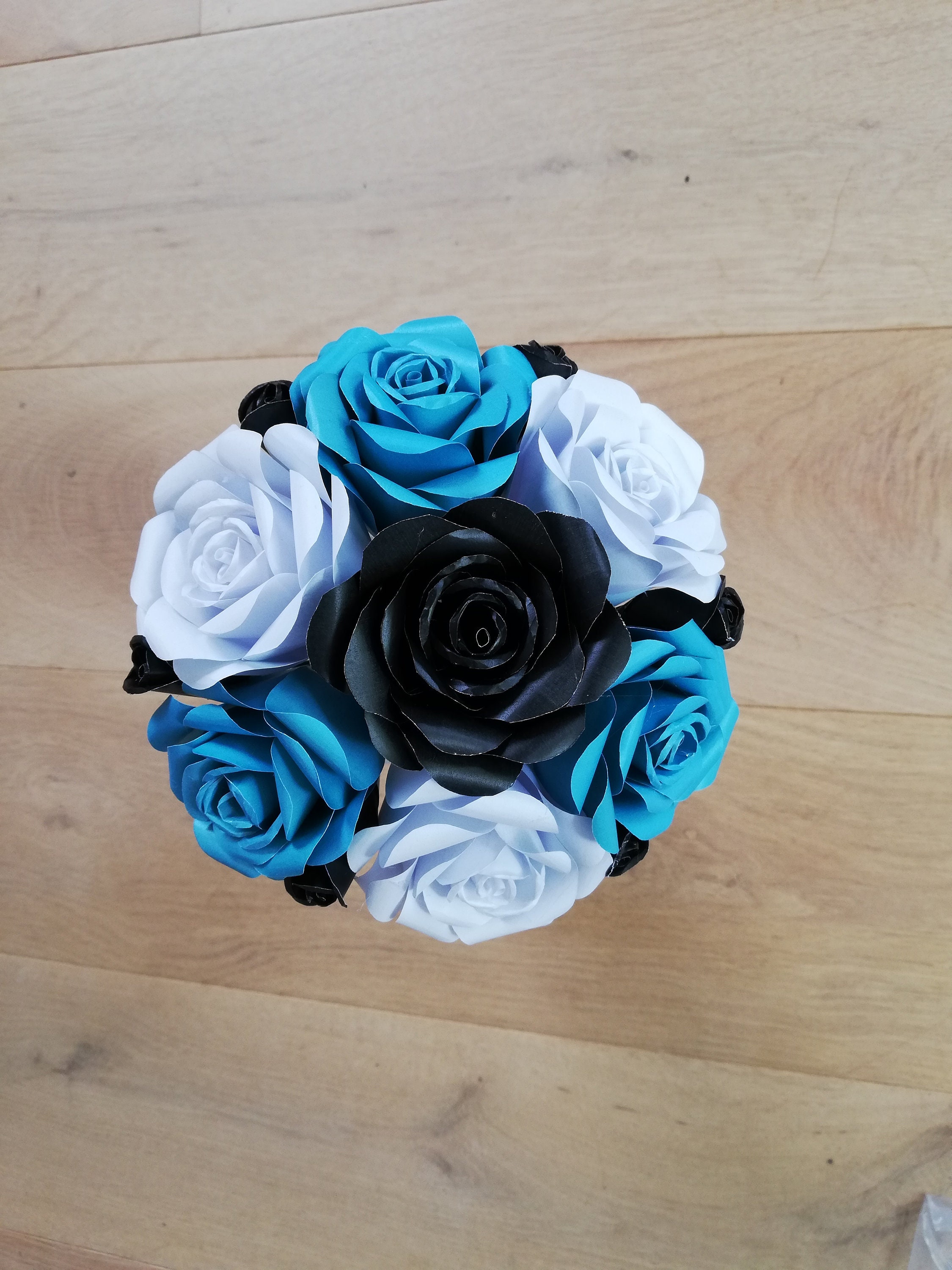 Paper bouquet of 13 flowers, paper roses, central partial black rose, blue-turquoise, white, 7 small black roses