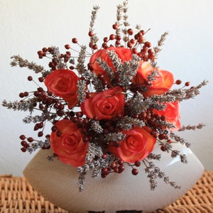 Dried flower bouquet with paper roses, rose hips , wedding bouquet, country style, cottage decoration, farmhouse decoration, diameter 20 cm