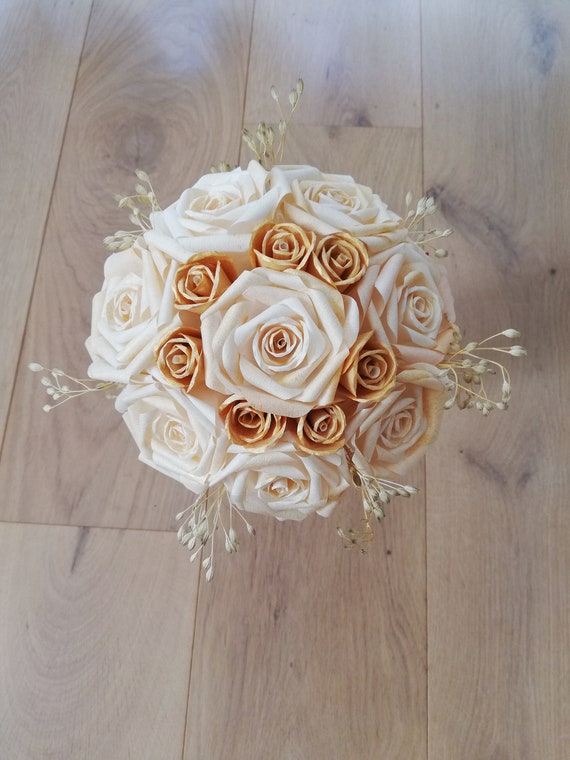 Paper Roses Bouquet,white and Gold Bouquet, Wedding Bouquet