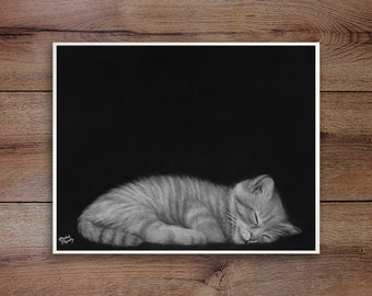 Sleepy Kitten, Graphite Drawing Print