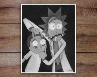 Ricky & Morty, Graphite Drawing Print