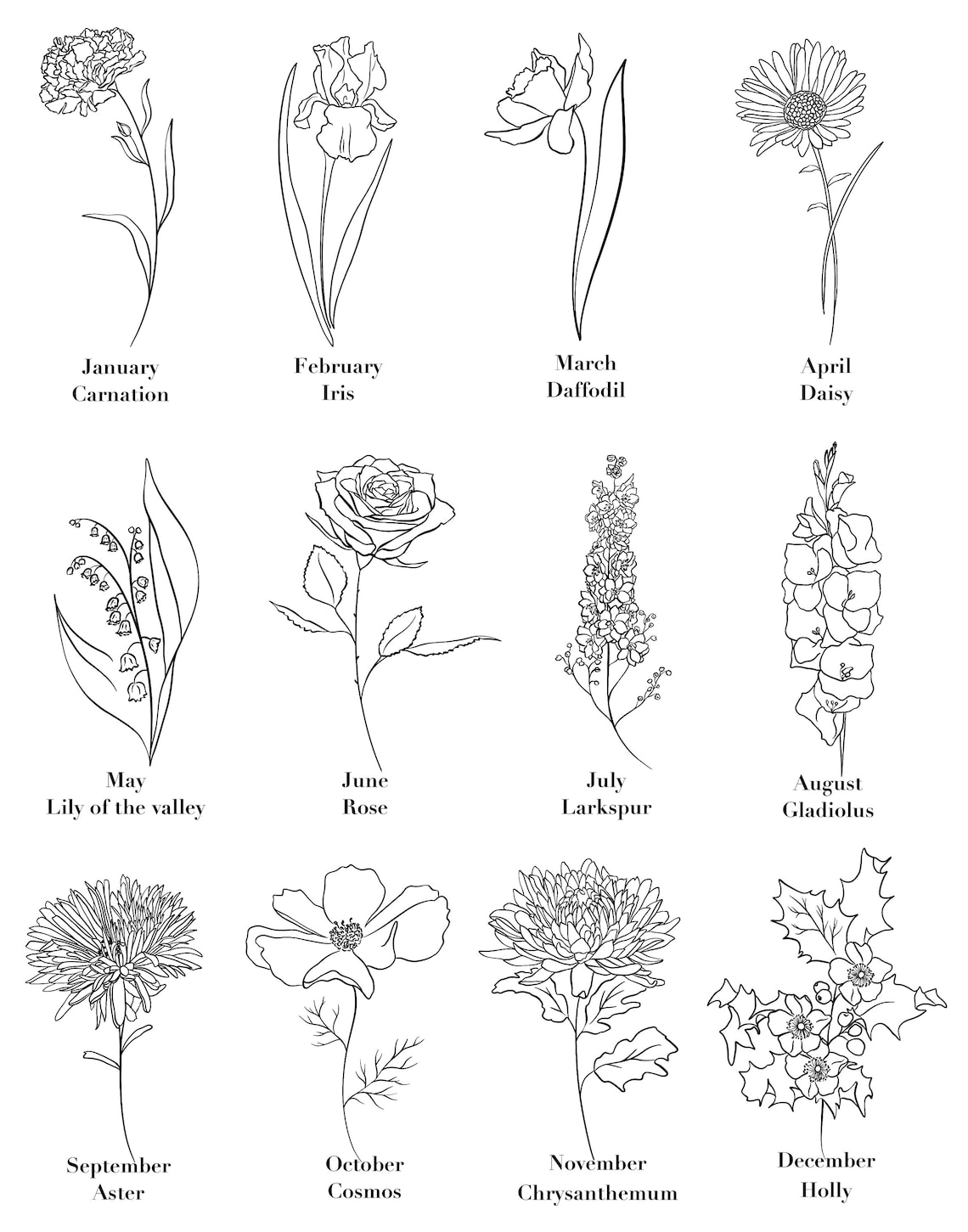 Personalised birth flower print botanical printable drawing | Etsy