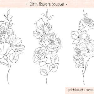 Custom birth flowers bouquet line art, vertical birth flowers tattoo design, floral tattoo design, family birth flowers printable art