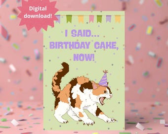 Funny Angry Cartoon Cat Birthday Card: Printable Greeting Card (Digital Download)