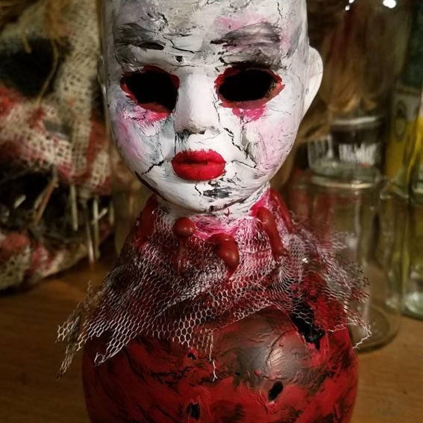 Vintage Porcelain Doll Head Lamp  OOAK/ Macabre Haunted House Halloween Creepy Gothic Cult Horror Alchemy Oddities and Curiosities Witch