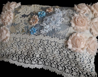 Amelie Handcrafted silk and lace blue & cream boudoir cushion with Chinese silk.