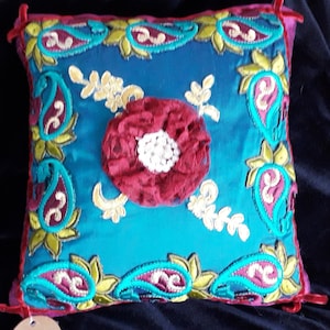 Silk, lace cushion-Plantagenet- A sumptuous handmade turquoise and deep pink  silk boudoir cushion