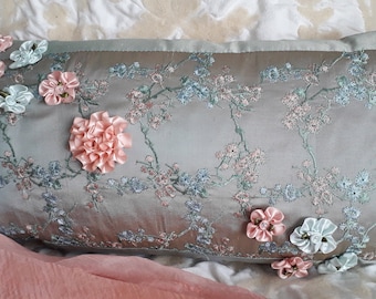 Silk, lace cushion- La Verene- A sumptuous handcrafted delicate luxury boudoir cushion in two tone embroidered silk-nude and duck egg blue.