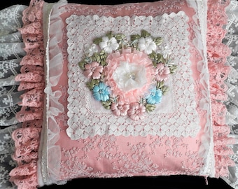 Silk, lace cushion- Issore Handcrafted soft shade pink silk and lace boudoir cushion