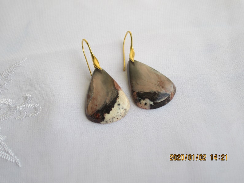 Sterling Gold Plated Natural Yasper Stone Big Earrings