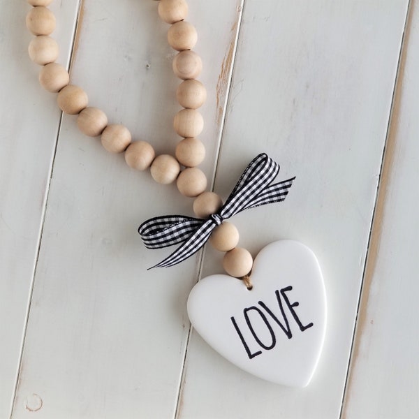 wood bead loop garland with heart | heart stamped with love | tiered tray decor | farmhouse wooden beads | handmade clay heart decoration