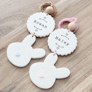 personalized easter basket name tag | white pink spring bunny rabbit ornament | handmade clay gift tag for girl or boy with custom name tag