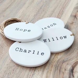 personalized custom name tag labels for organization, baskets, and storage shelves | handmade clay gift tag | mason jar kitchen pantry sign