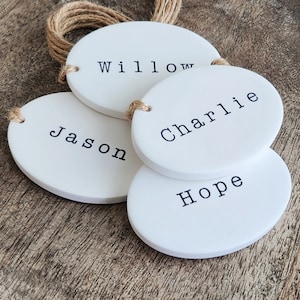 personalized custom name tag labels for organization, baskets, and storage shelves | handmade clay gift tag | mason jar kitchen pantry sign