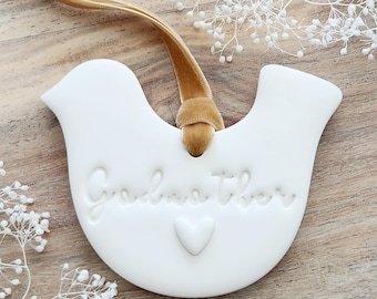 godmother dove ornament | gift from godchild | godmom gift baptism | godmommy Christmas gift from goddaughter | handmade clay godparent gift