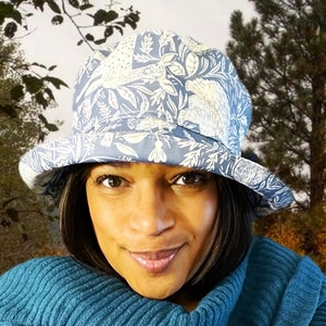 Blue Patterned PVC Rain Hat, Waterproof Bucket Hat, Vintage Blue Nature Pattern Rainhat, Crushable with Folding Brim, Adjusts to Fit