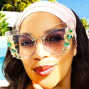 Clear Oversize Rhinestone Sunglasses with Green & Gold Crystals, Embellished Eyewear, Festival Sunnies, Dramatic Sparkle Shades, Style 036