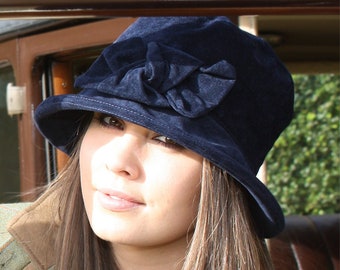 Ladies Navy Blue Winter Downton Abbey Hat, Velvet Look 1920's Vintage Style, Rainproof & Packable with Small Neat Brim, Handmade in England