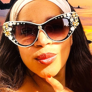 Big BLING Sunglasses in Black with White & Gold Floral Crystals + Rhinestones, Embellished Eyewear, Festival Sunnies, Sparkly Shades 043