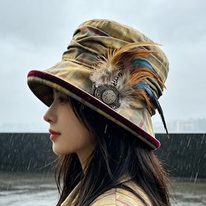 Tan Tartan Waxed Cotton Waterproof Hat with Wide Brim + High Pleated Crown, Chic Wine Red Velvet Trim, Stylish Adjustable Rain Hat, Packable