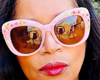 Luxury Oversize Rosebud Sunglasses, Pretty Woman Pink Party Shades, Floral Festival Sunnies, Embellished Beach Bling Eyewear Fashion, 005