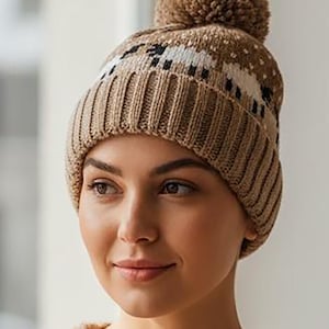 Knitted Sheep Pom Pom Hat with Fleece Lining, Unisex Winter Bobble Hat