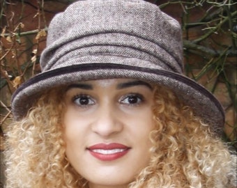 Pull On Brown Tweed Downton Abbey Hat, Smart, Casual & Crushable Brim, with Velvet Trim, Women Rain Hat, Soft Rainproof City Hat Ladies