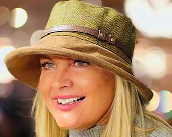 Damen Frühling Tweed Hut, Wasserdicht & Warm, Grüne Tweed Krone und Gewachste Krempe, Smart Lederriemenverzierung, Lässiger Walking Regenhut Frauen