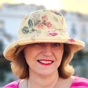 Sunny Yellow Cotton Sun Hat, Handmade Summer Travel Hat, Washable & Crushable, Flattering Brim, Cheerful Floral Fabric, Adjustable Fitting