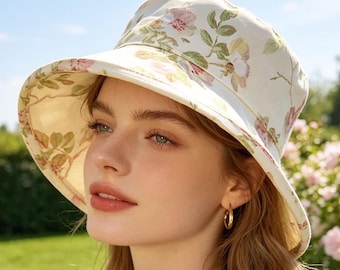 Floral Cotton Sun Hat, Holiday Travel Hat with Big Shady Brim, Washable & Packable, Cheerful Pink Flower Pattern, Adjustable Fitting