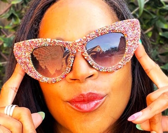 Oversize Beach Festival Sunglasses, Embellished Eyewear, Sparkling Sunnies with Multicolour Crystals, Glamorous Cats Eye Shades, style 018