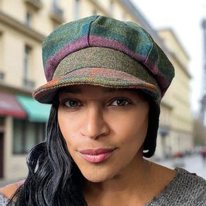 Peaky Blinders Baker Boy Cap in Green Tweed, English Newsboy Cap, Rainproof Nanny Chic Style, Pure Shetland Wool, Tartan Pattern Flat Cap
